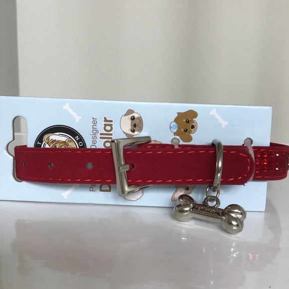 Pet London ruby red velvet like dog collar with bling size M - Picture 5 of 8